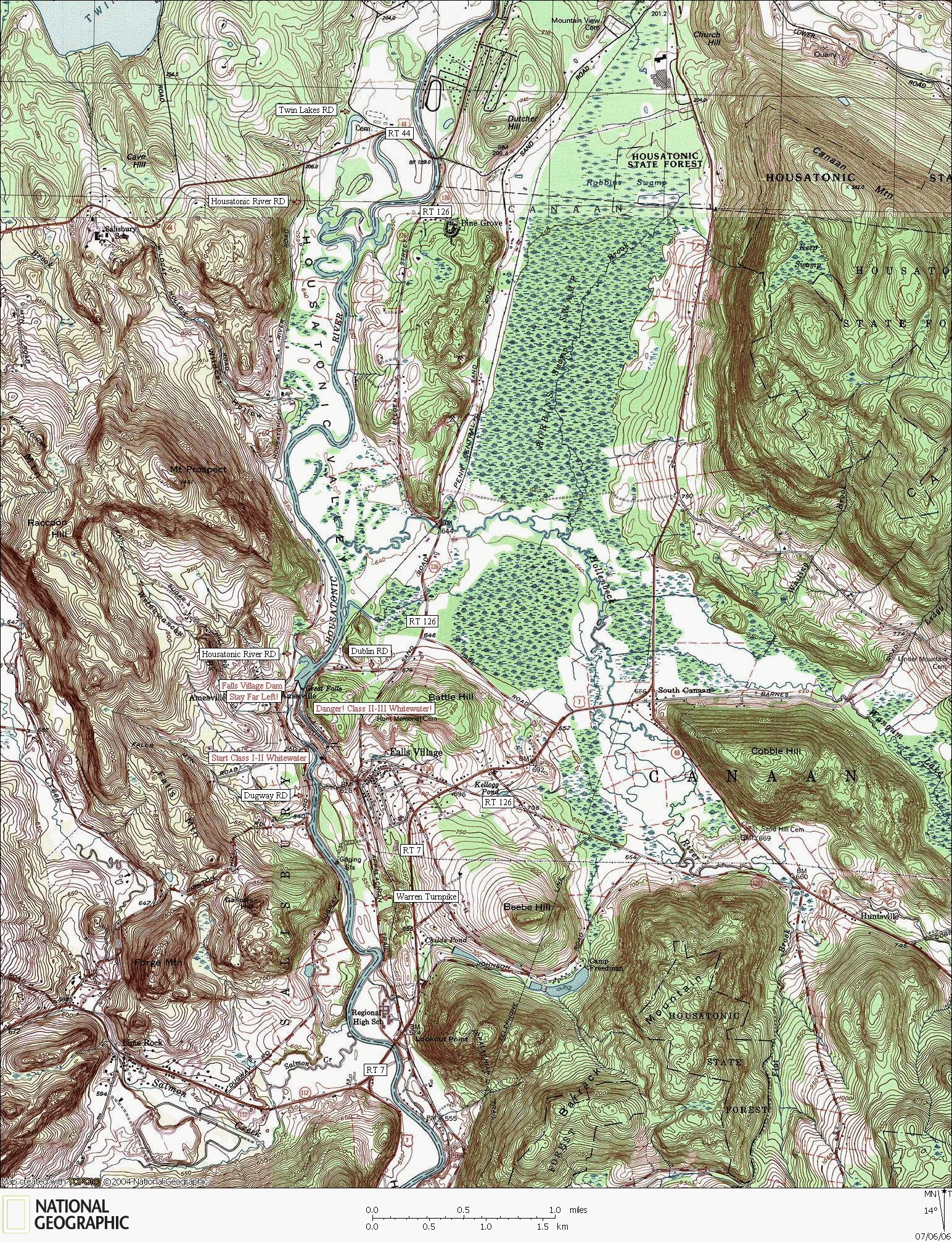 Connecticut, map, whitewater, kayaking, Canoeing, Housatonic River, Falls village