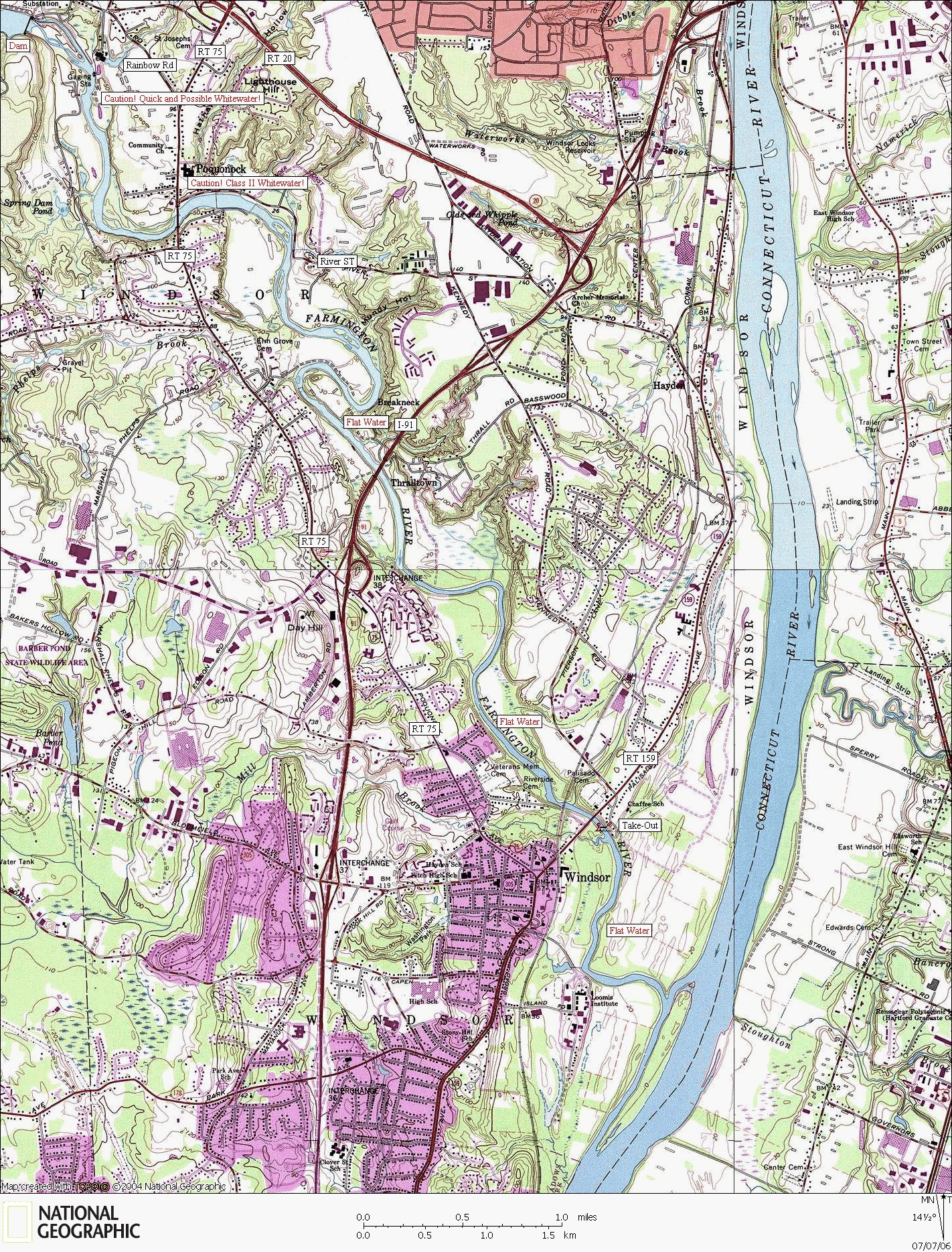 Connecticut, map, whitewater, kayaking, Canoeing, Farmington River, South