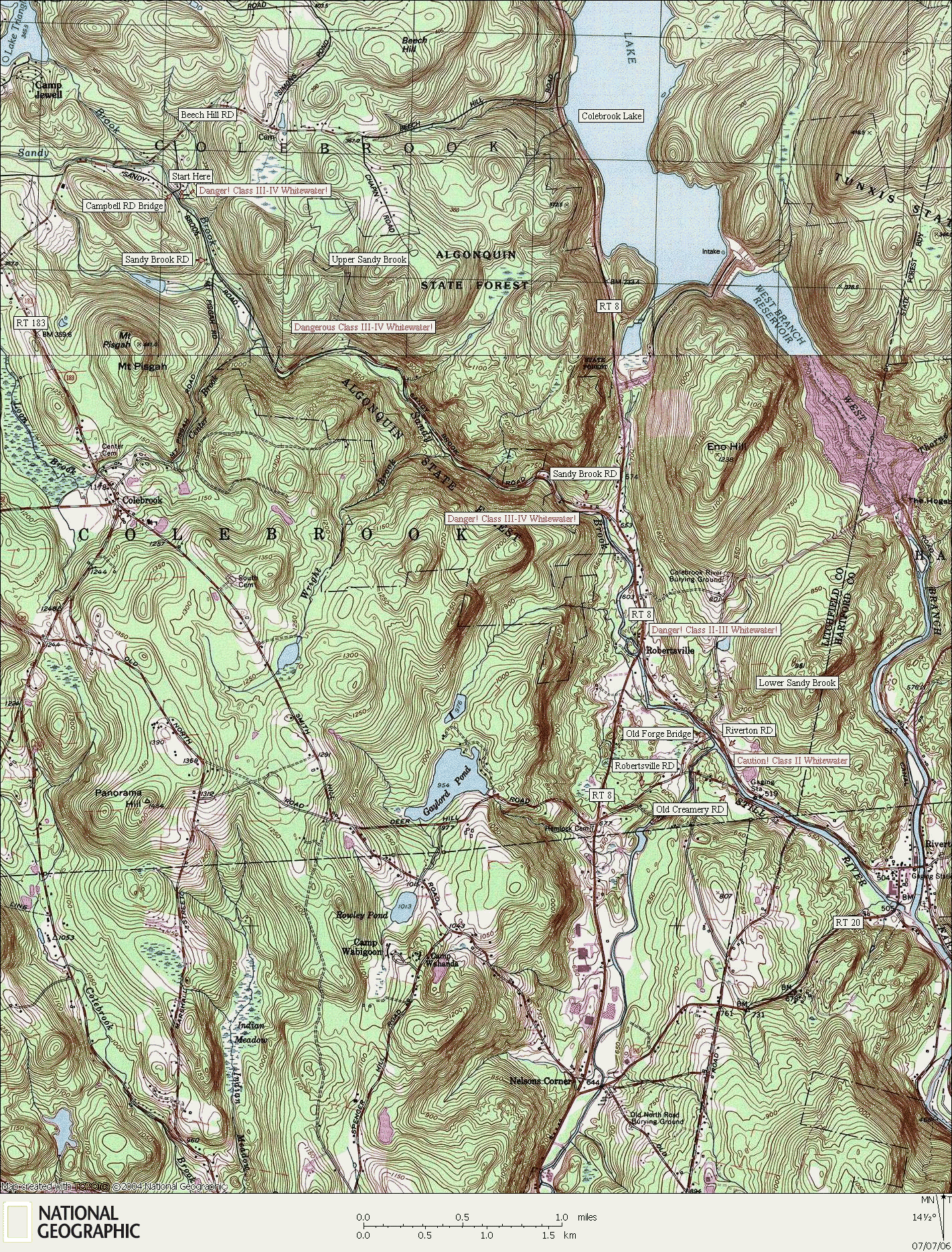 Connecticut, river, kayaking, canoeing, Map, Sandy Brook, Whitewater