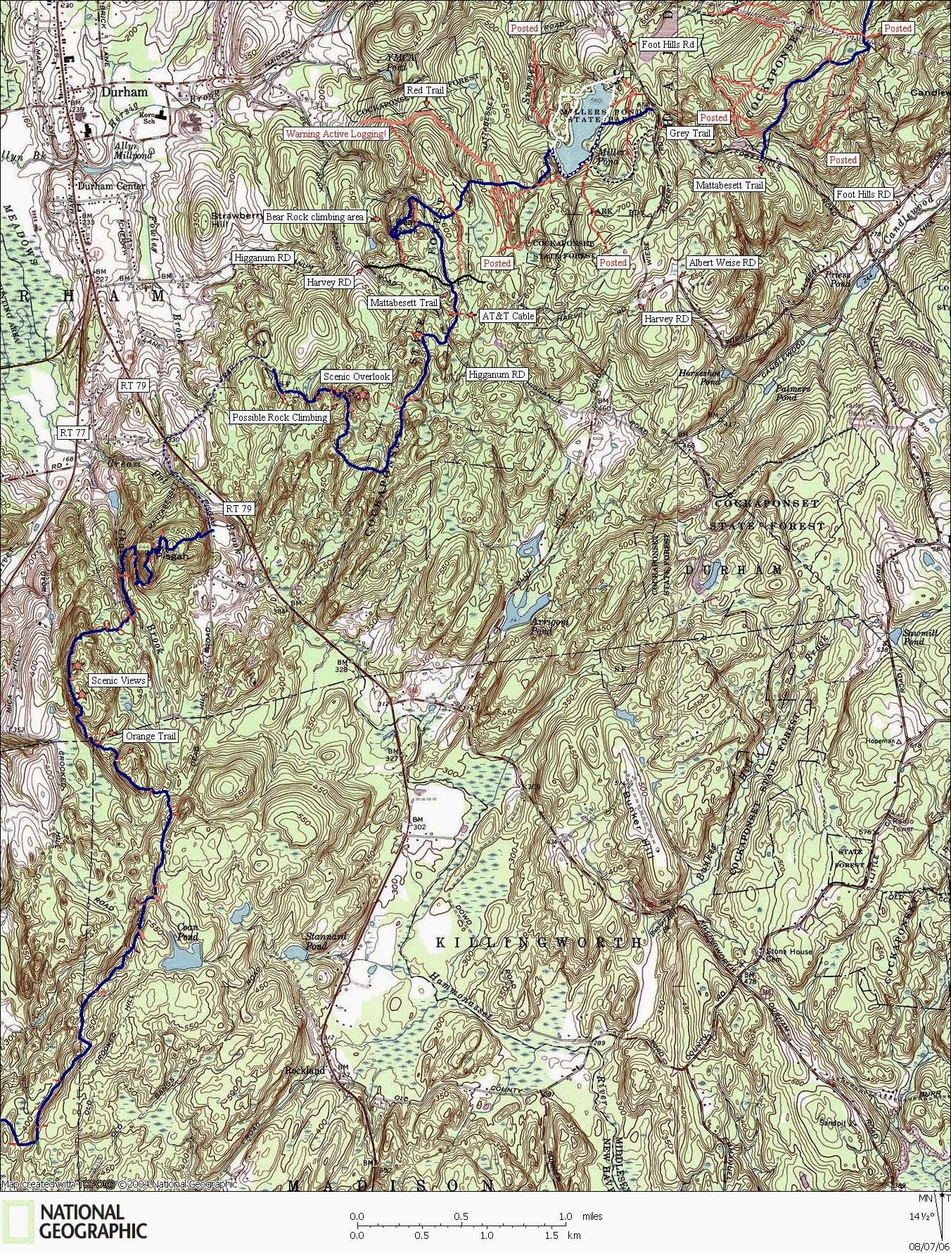 Connecticut, Map, Hiking, Trail, Backpacking, Mattabesett, Miller's Pond